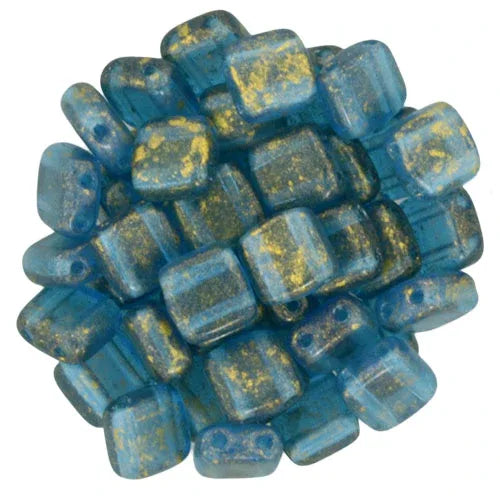 CzechMates Tile Beads - Gold Marbled - Capri Blue, 25-pack CzechMates