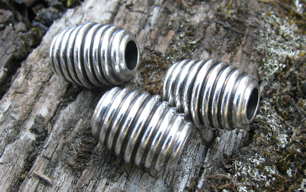 Mellandel Silverfärgad - Stor Tunna med Ränder 15x12mm, Stort Hål, 3-Pack Grekisk Metall
