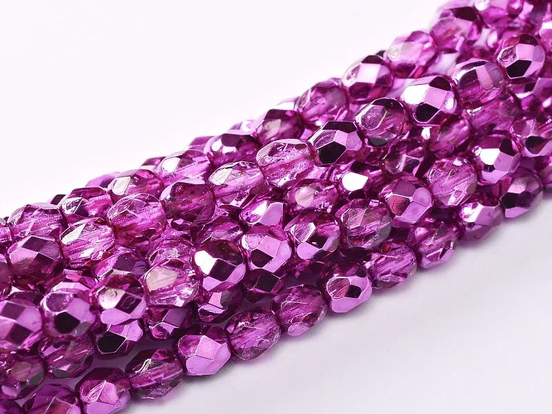 Tjeckiska Firepolish - Hot Pink Metallic Ice 4mm, 1 sträng Hilmas Pyssel