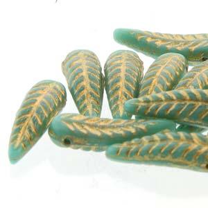 Bird Feather - Green Turquoise Gold 5x17mm 1 sträng Hilmas Pyssel