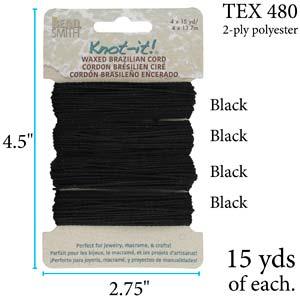 Knot-it Waxed Brazilian cord - Svart 4 x 13,7 m Beadsmith