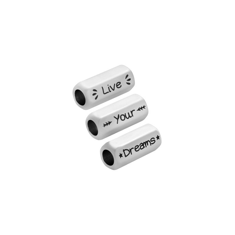 Mellandel Silverfärgad - Tub med text "Live, Your, Dreams" 8x19mm 1 styck Grekisk Metall