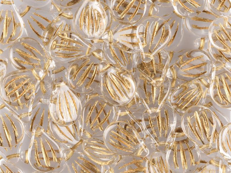 Preciosa Engraved Pip - Crystal Gold Painted 9x14mm, 5-pack Preciosa