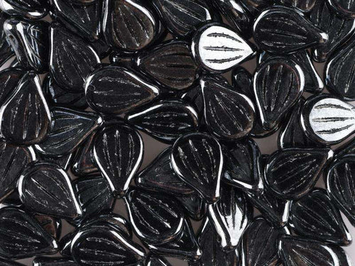 Preciosa Engraved Pip - Jet Hematite 9x14mm, 5-pack Preciosa