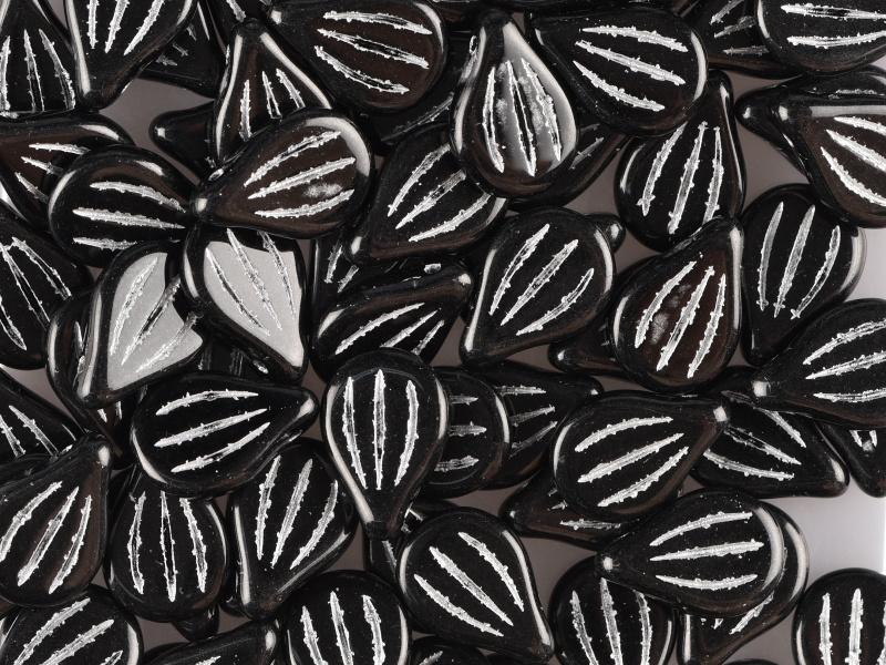 Preciosa Engraved Pip - Jet Silver Painted 9x14mm, 5-pack Preciosa