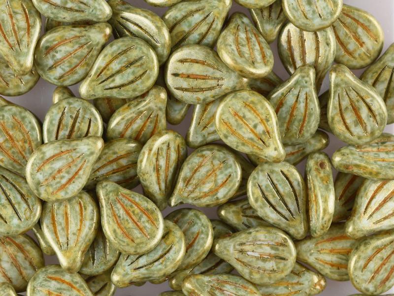 Preciosa Engraved Pip - Alabaster Green Picasso 9x14mm, 5-pack Preciosa