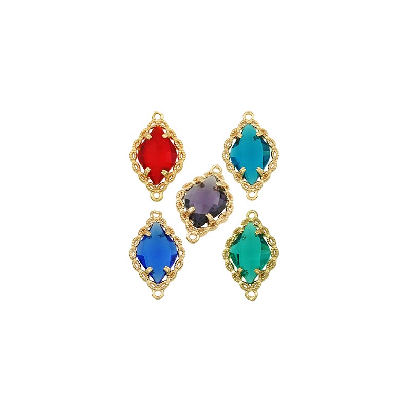 Glassten med infattning - Guldfärgad Rombformad Teal sten 17x13mm 1 styck Grekisk Metall