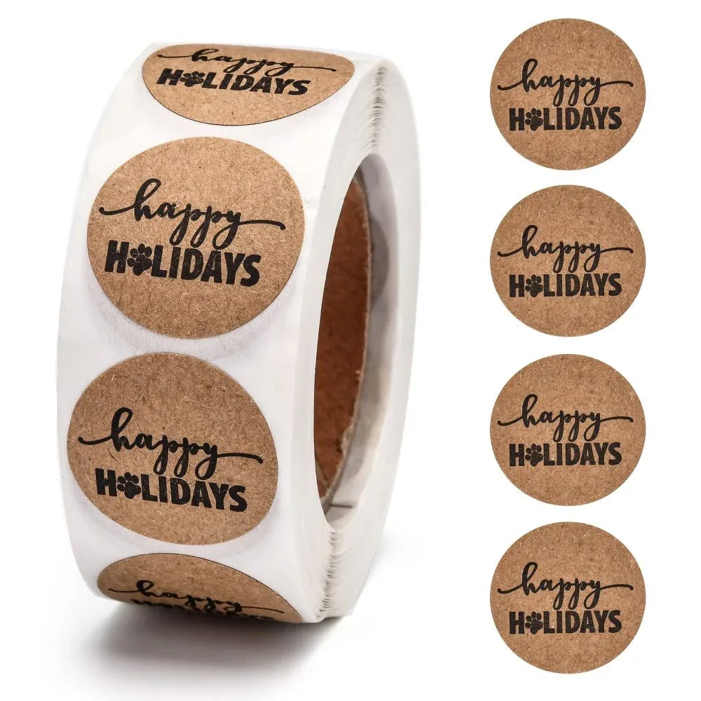 Klistermärken - Rund Happy Holidays natur 1 rulle Hilmas Pyssel