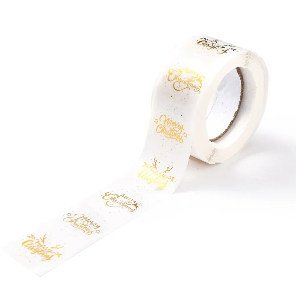 Klistermärken - Rund klar med guld Merry Christmas 1 rulle Hilmas Pyssel