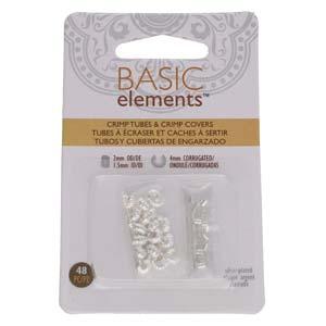 Basic Elements - Crimp tube and crimp cover, 4mm corrugated, Silver plated, 48- pack Beadsmith