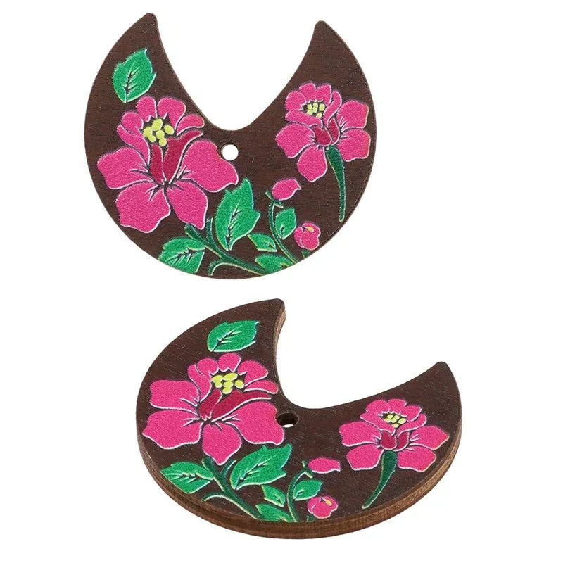 Hänge / Berlock Trä - Månformad med Blommor, Brun 28x26mm 1 styck Hilmas Pyssel