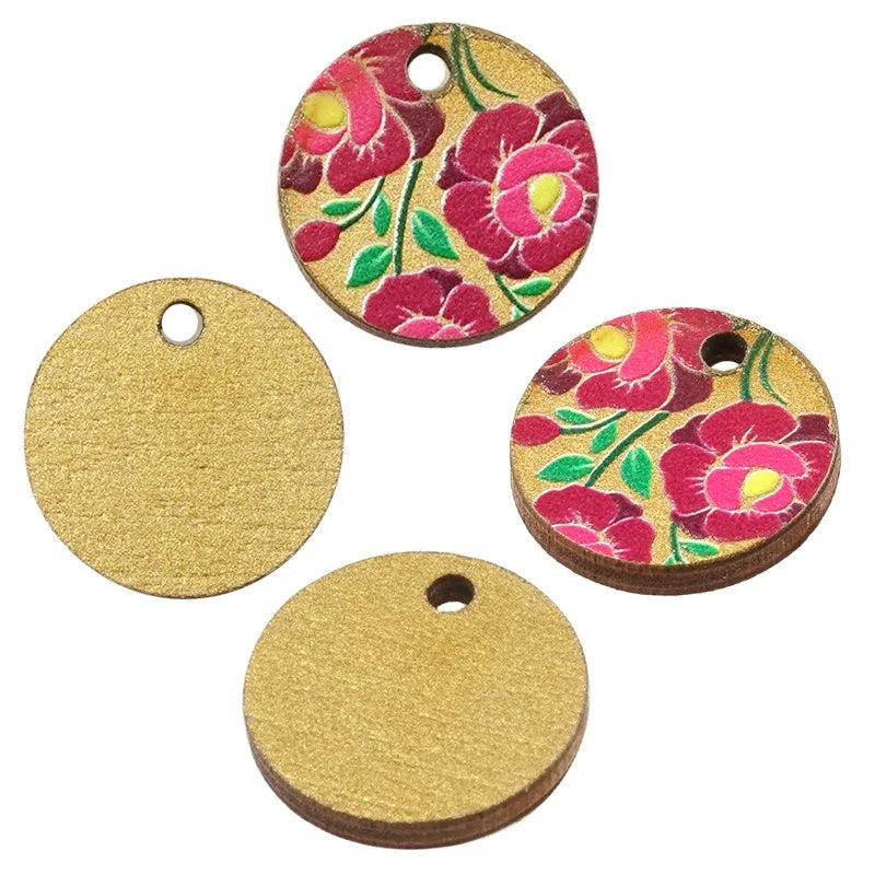 Hänge / Berlock Trä - Rund med Blommor, Guld 15mm 1 styck Hilmas Pyssel