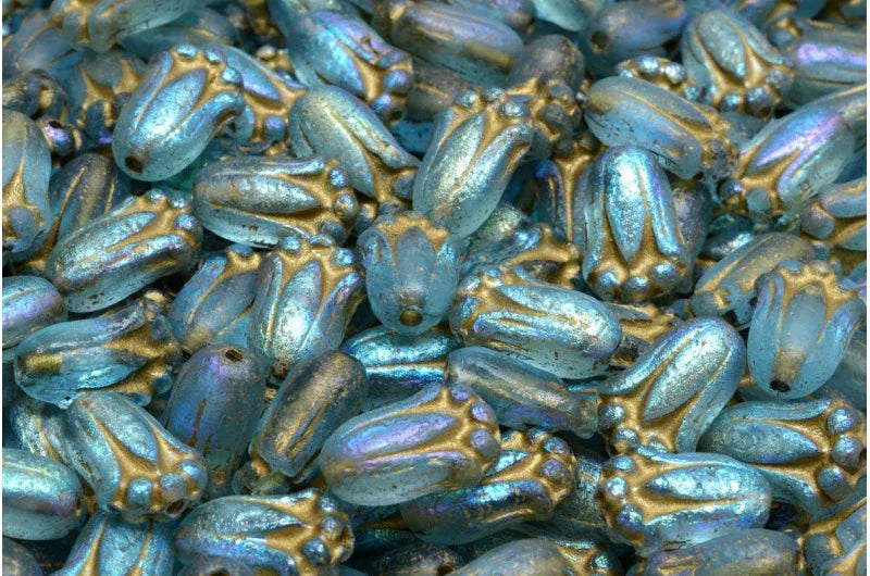 Tulip Bud Bead - Matt Light Blue with Gold 12x8mm, 20-pack Hilmas Pyssel
