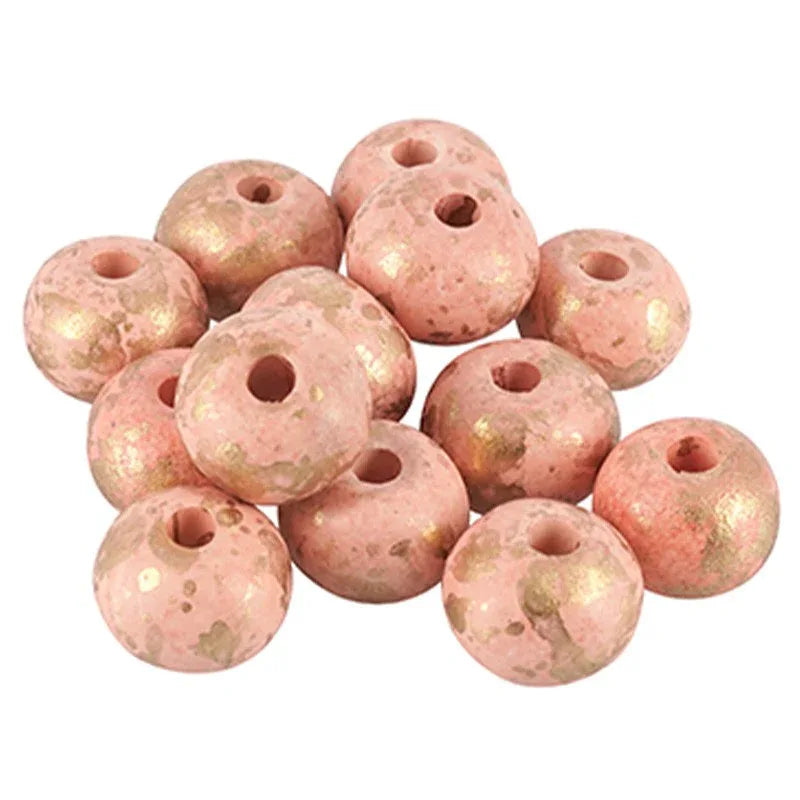 Porslinspärla - Rund rosa med guldstänk 12mm 1 styck Hilmas Pyssel