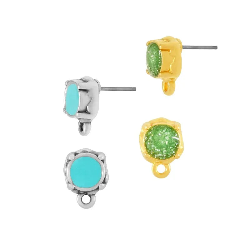 Örstickare 24k Guldpläterad - Rund med Grön Glittrig Mitt, 2-Pack Grekisk Metall