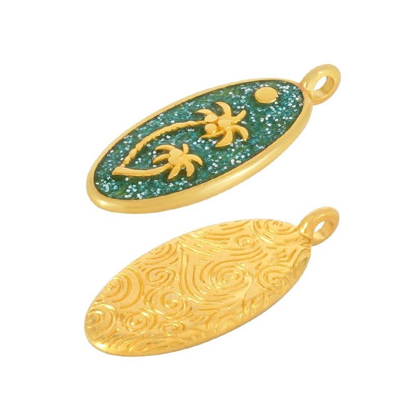 Berlock 24k guldpläterad - Oval med palmer glittrig turkos 1 styck Grekisk Metall