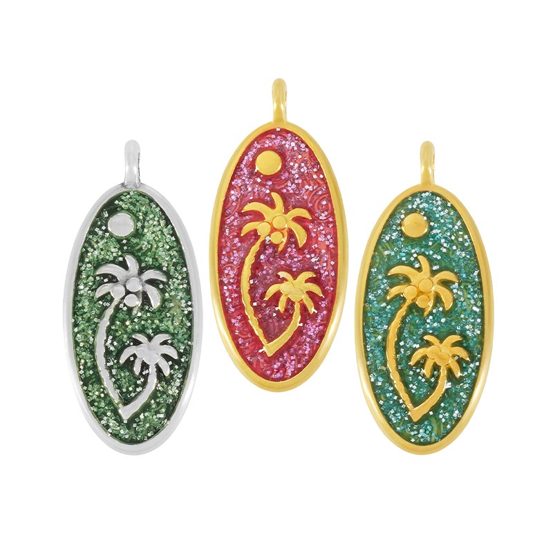 Berlock 24k Guldpläterad - Oval med Palmer Glittrig Mörkrosa 1 Styck Grekisk Metall