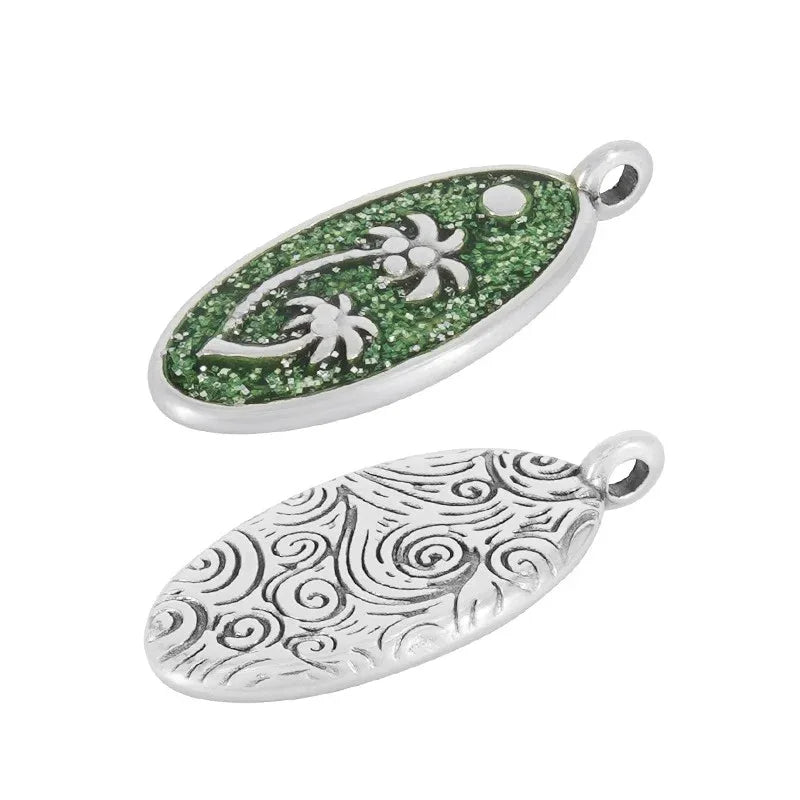 Berlock Silverläterad - Oval med palmer glittrig grön 1 styck Grekisk Metall
