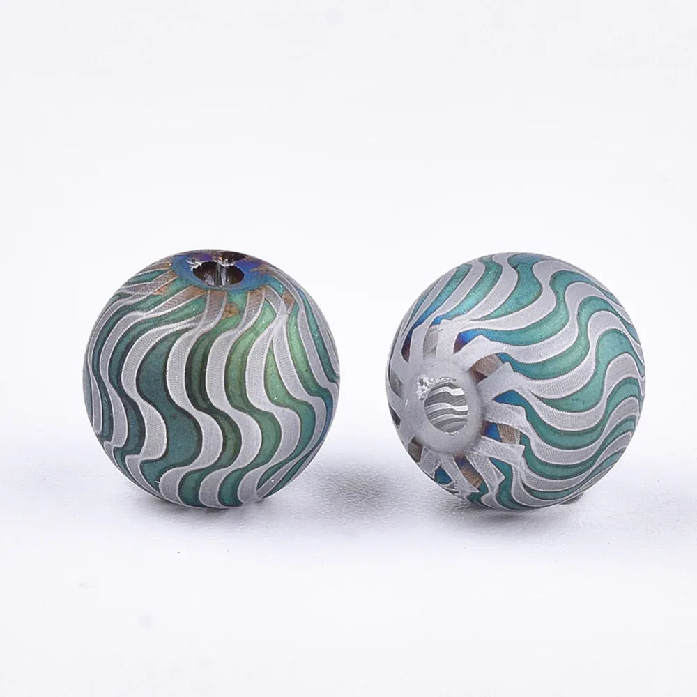 Glaspärla Rund - Randigt mönster Cadet blue 8mm 1 styck Hilmas Pyssel