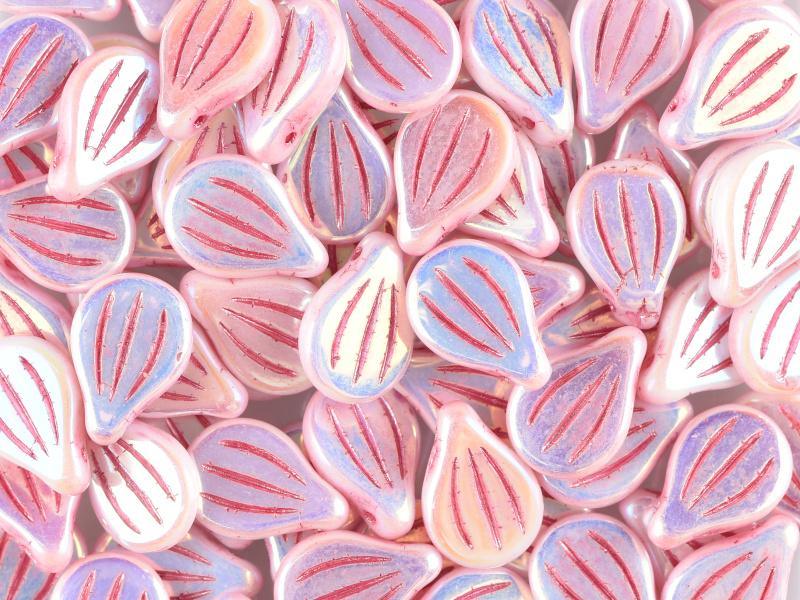 Preciosa Engraved Pip - Alabaster Full AB Pink Painted 9x14mm, 5-pack Preciosa