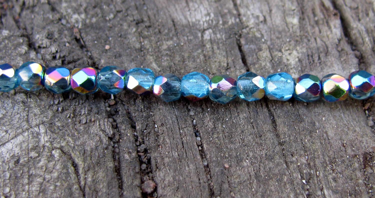 Tjeckiska Firepolish - Aqua Vitrail 3 mm, 1 sträng Hilmas Pyssel