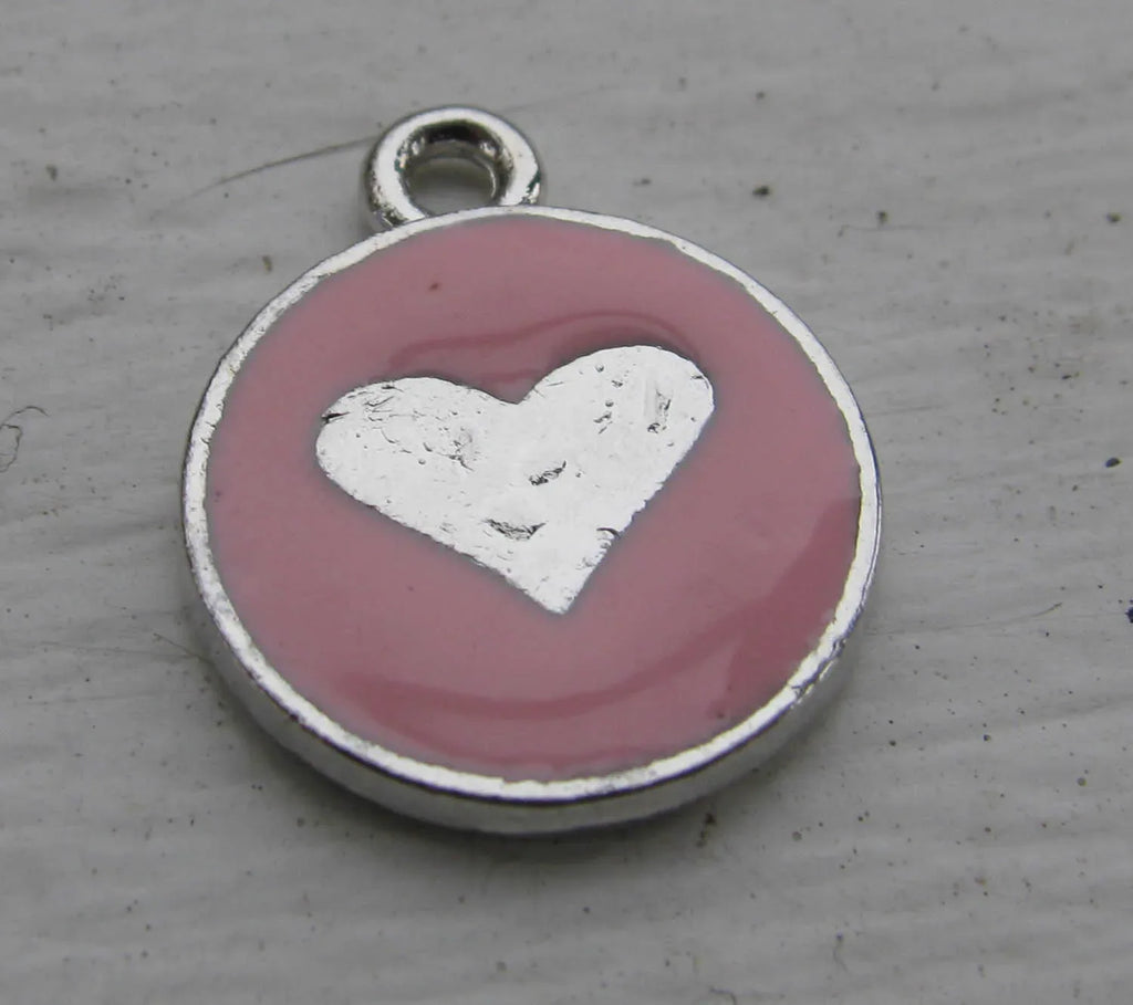 Berlock Emalj - Rund med rosa hjärta 1 stryck Grekisk Metall