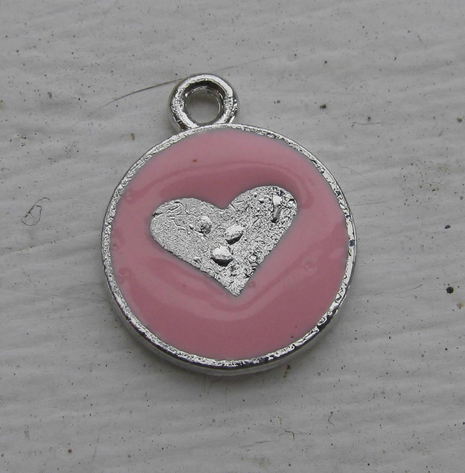 Berlock Emalj - Rund med rosa hjärta 1 stryck Grekisk Metall