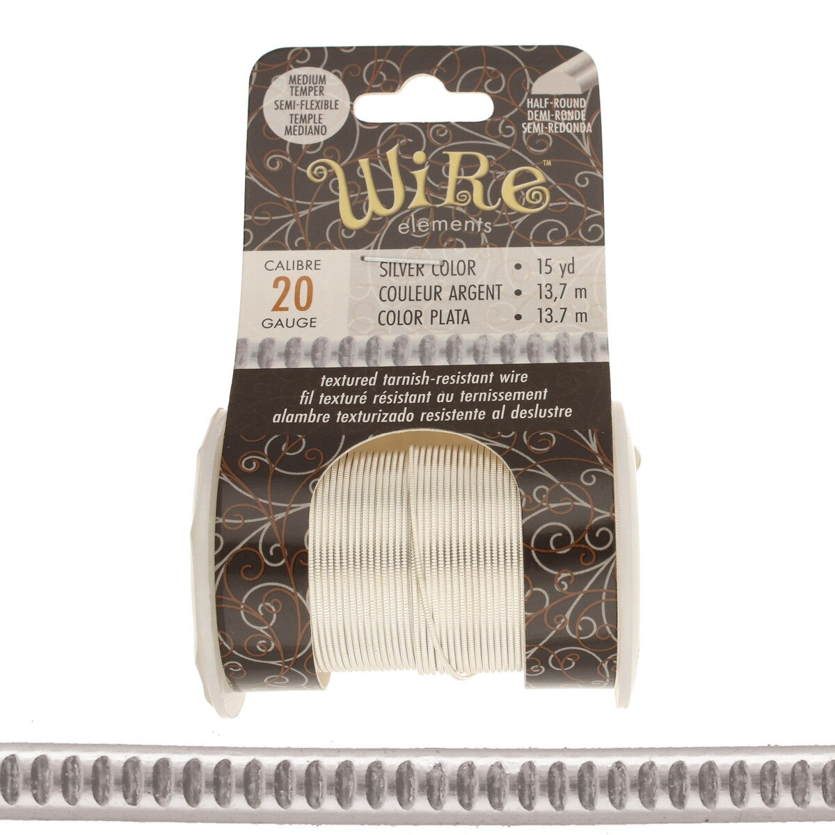 Wire Elements 20 Ga - Silverfärgad halvrund med Thread motiv Non Tarnish, 1 rulle