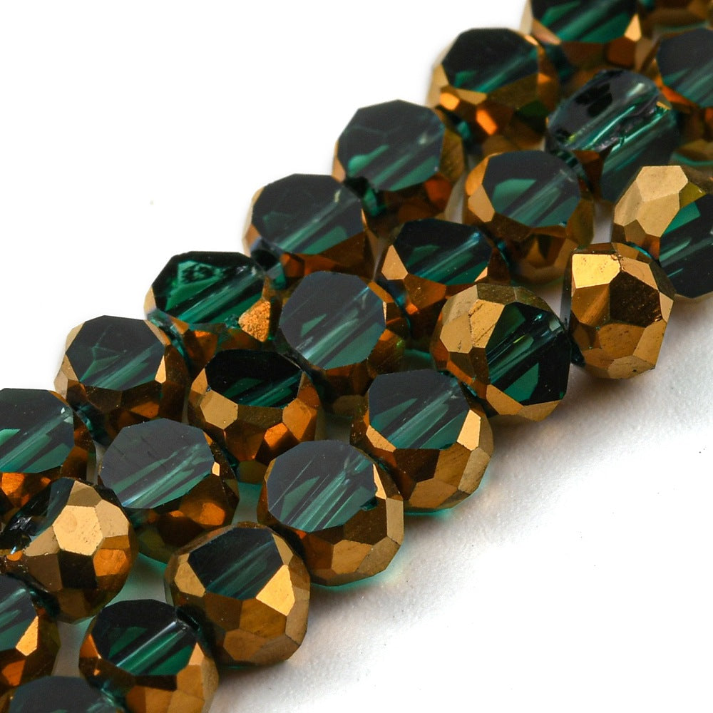 Glaspärlor platta runda facetterade - Sea green med guld kant 4mm 1 sträng