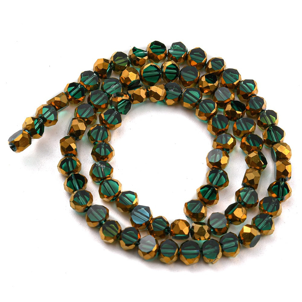 Glaspärlor platta runda facetterade - Sea green med guld kant 4mm 1 sträng