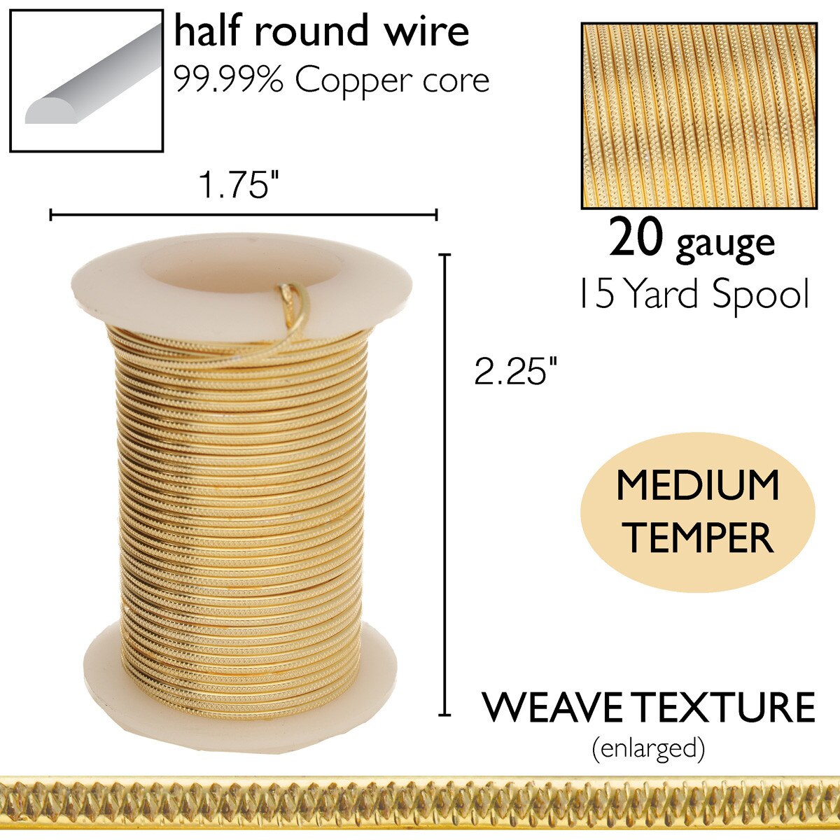 Wire Elements 20 Ga - Guldfärgad halvrund Weave Non Tarnish, 15 yards