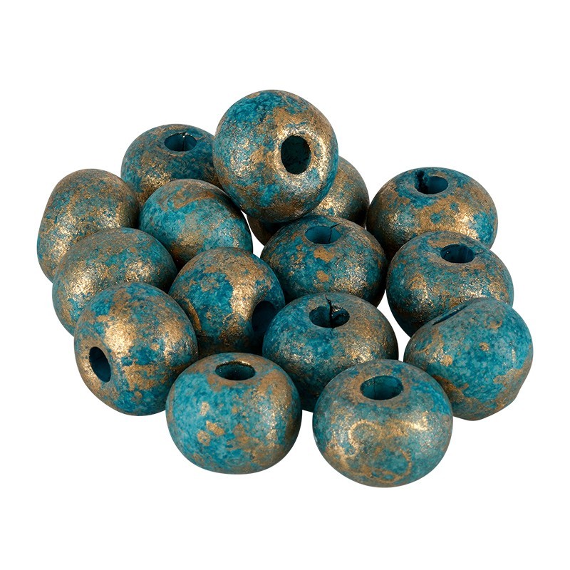 Porslinspärla - Rund Petrol med guldstänk 12mm 1 styck