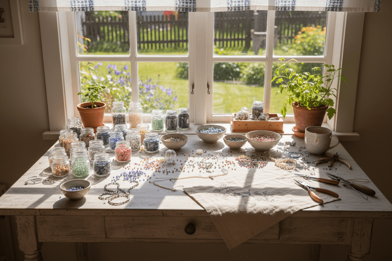 ett bord vid ett fönster, på bordet finns smyckestillbehör och seedbeads, det ligger också ett kuvert på bordet