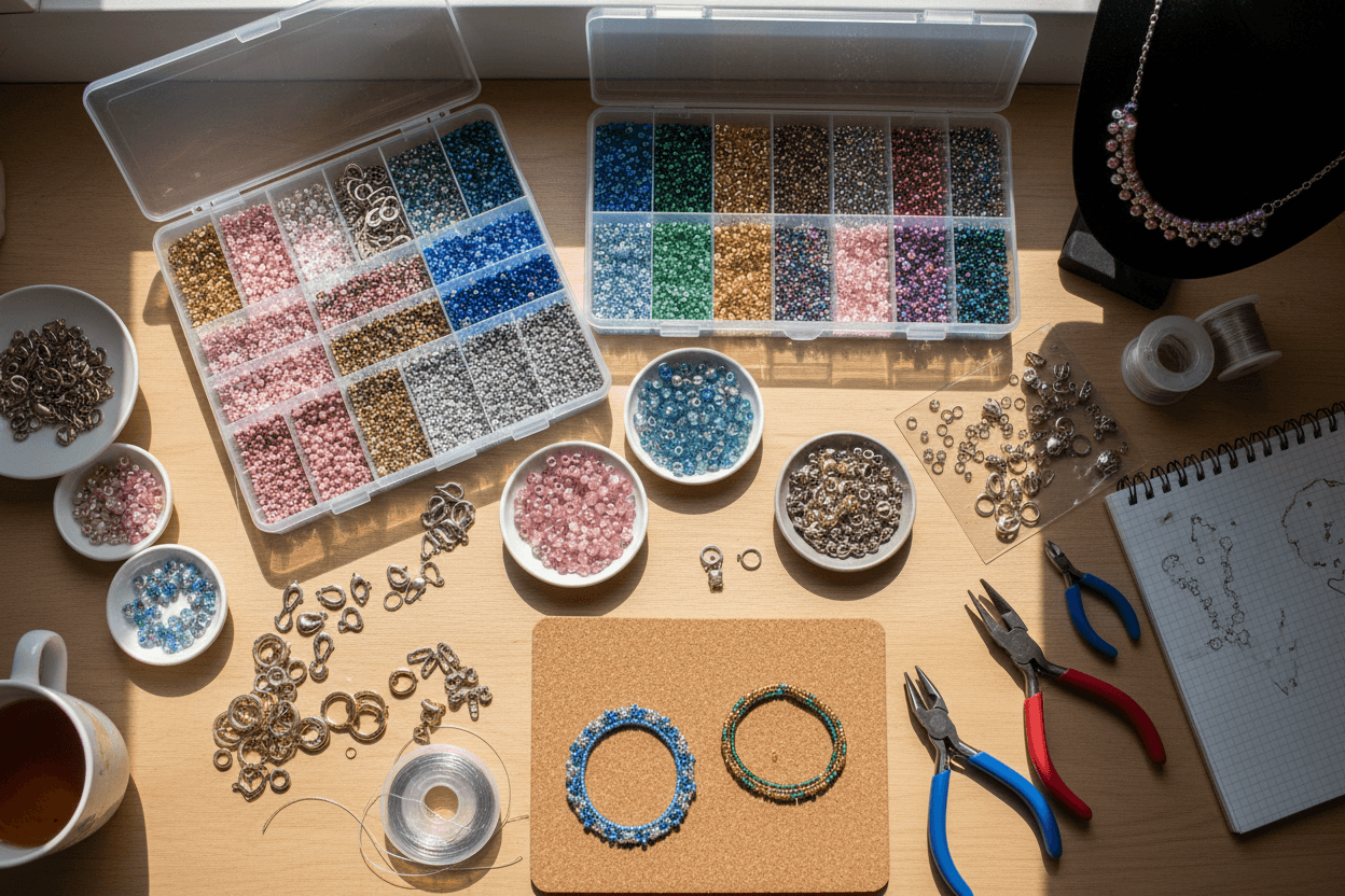 Ett skrivbord med seedbeads och smyckesdelar